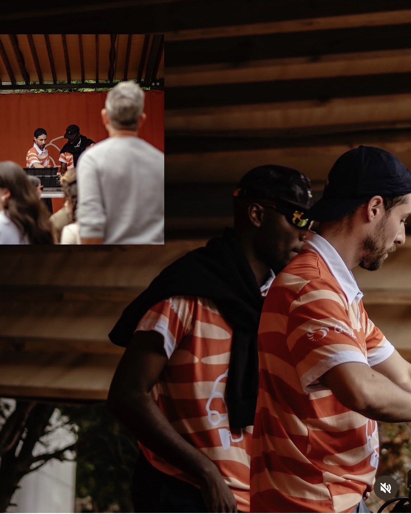 Outdoor daytime set with orange jerseys